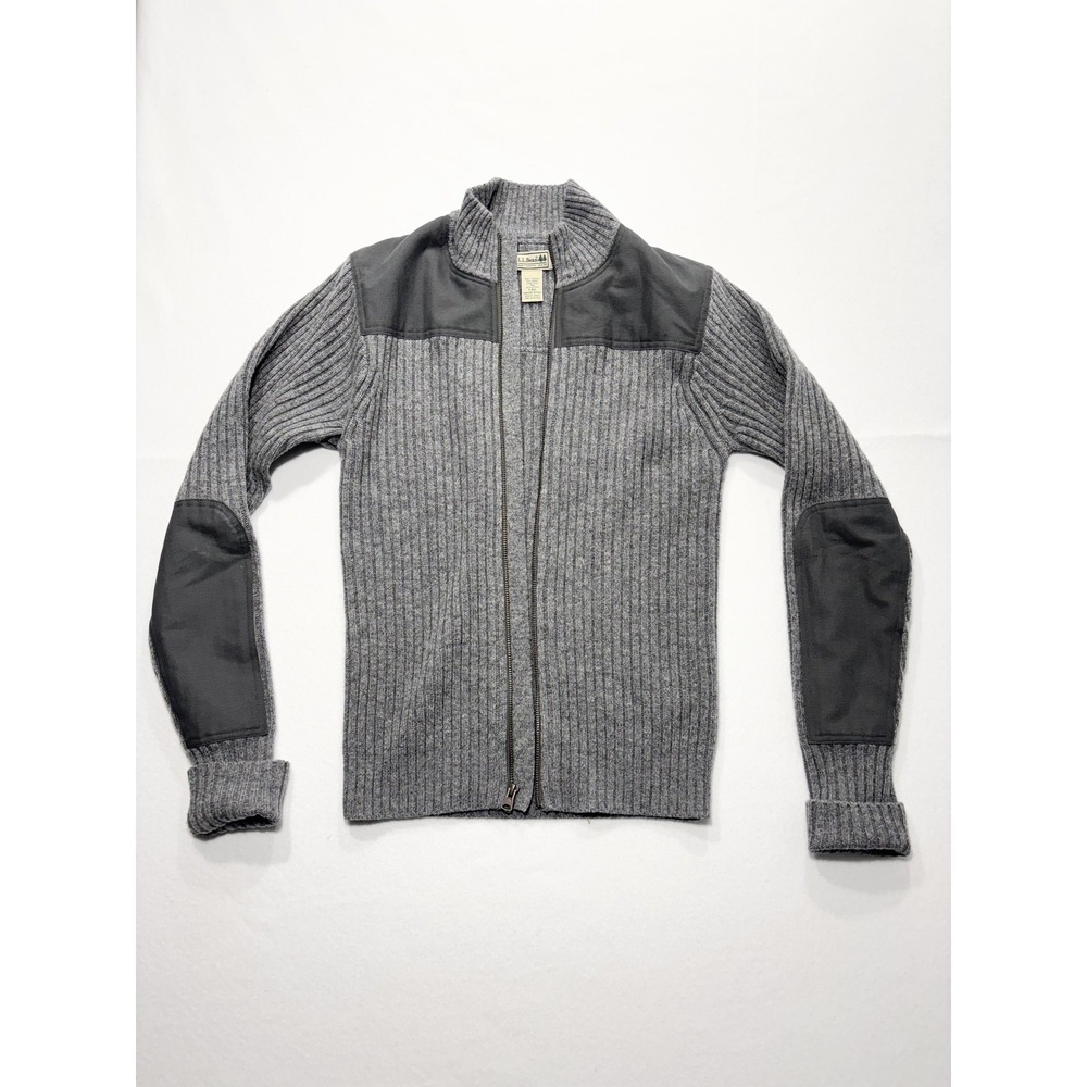 L.L. Bean Sweater Mens Small Gray Ribbed Wool Full Zip Commando Mock Neck Knit